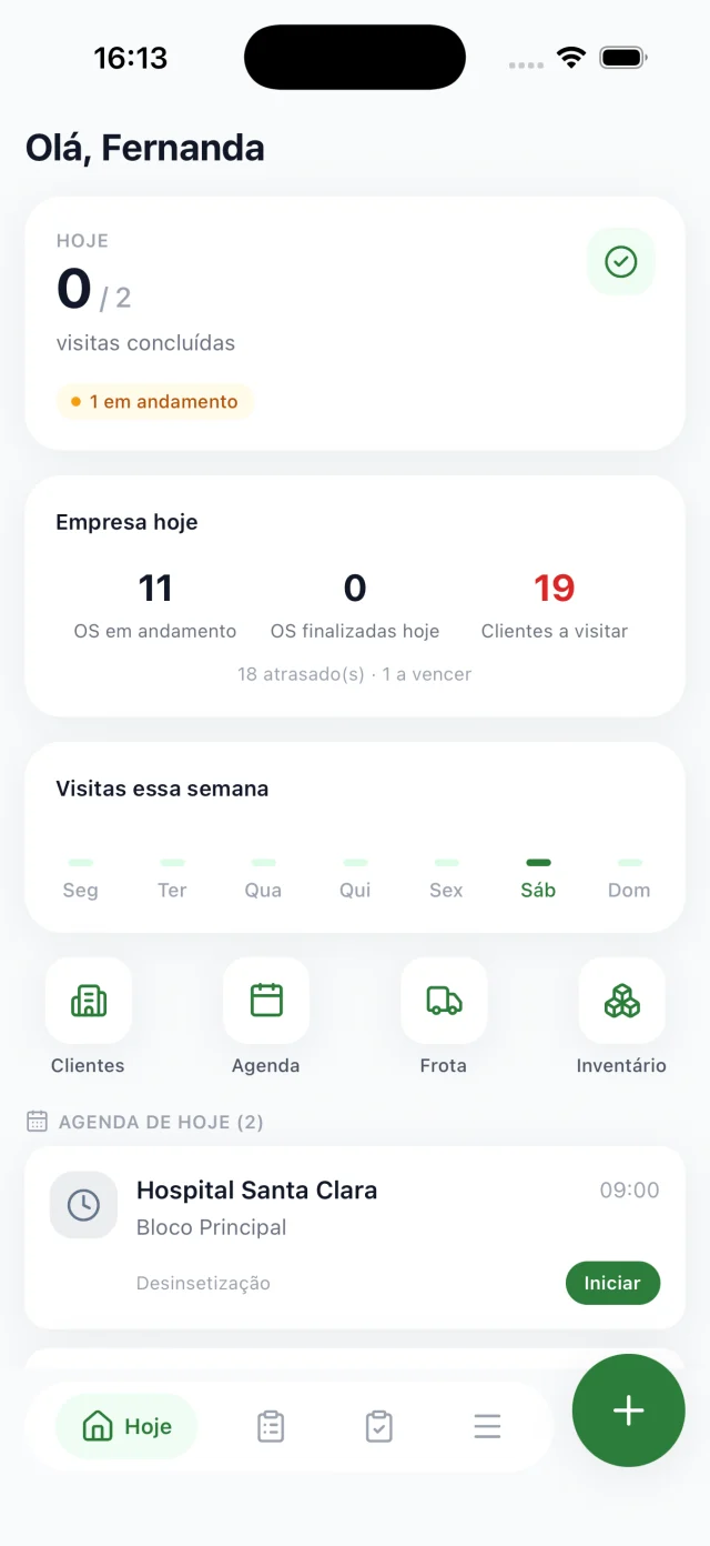 Tela inicial do app PestOps: visitas de hoje, números da empresa e a agenda do dia