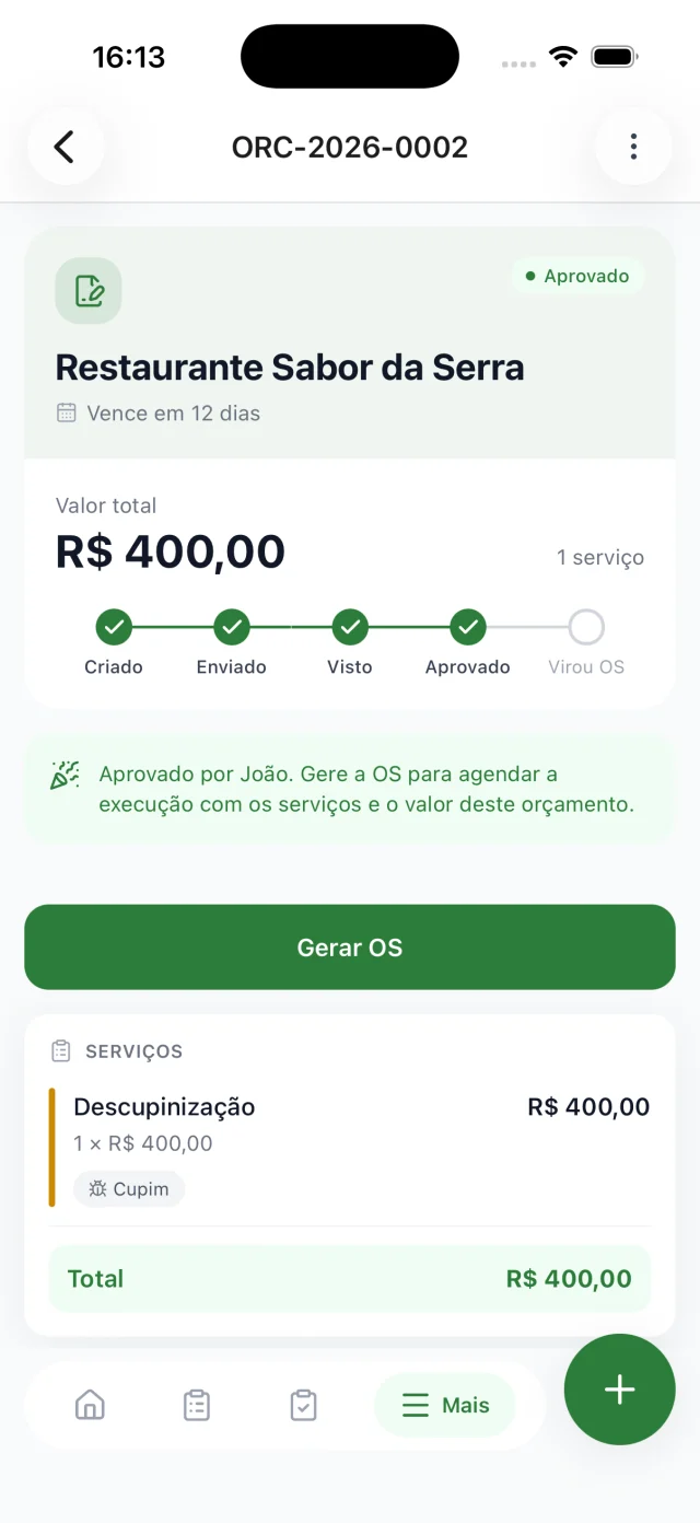 Orçamento aprovado no app PestOps, com o andamento de criado até virar OS